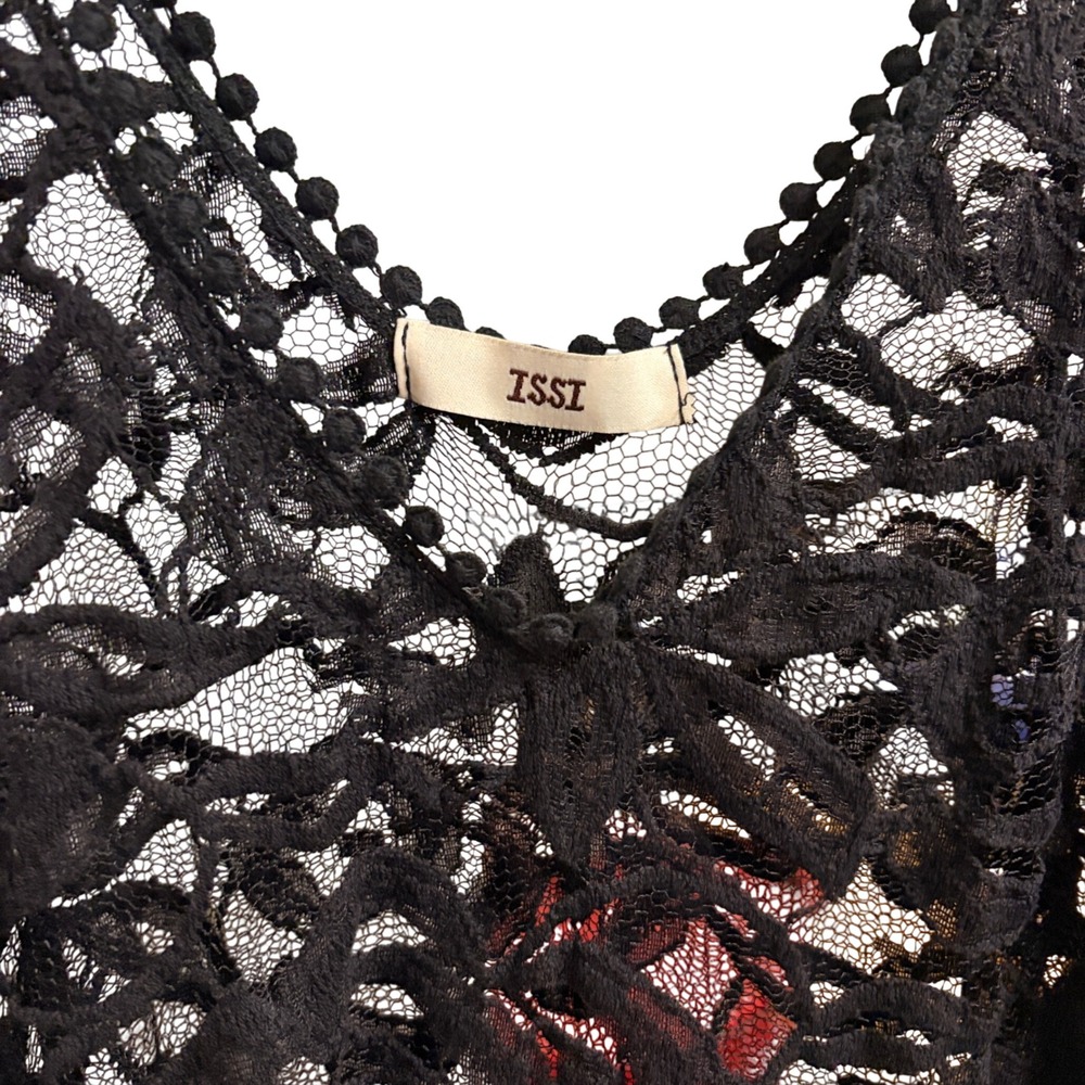 ISSI Lace Tank Top Womens Small Black Gothic Boho Sheer V-Neck Pom Pom Trim - Picture 3 of 13